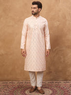 Men Peach Silk Blend Solid Embroidered Straight Kurta-MKU1431