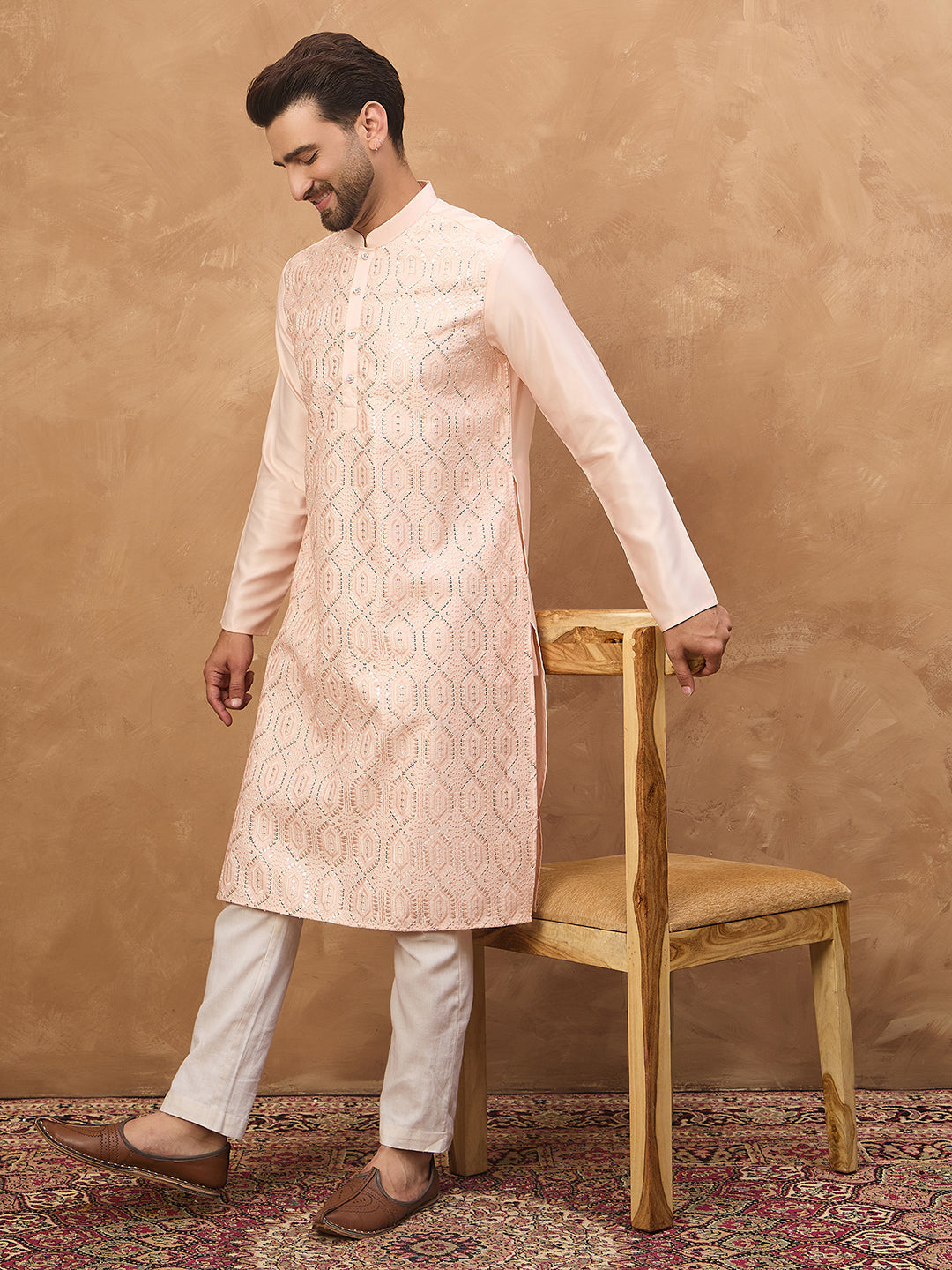 Men Peach Silk Blend Solid Embroidered Straight Kurta-MKU1431