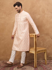 Men Peach Silk Blend Solid Embroidered Straight Kurta-MKU1431