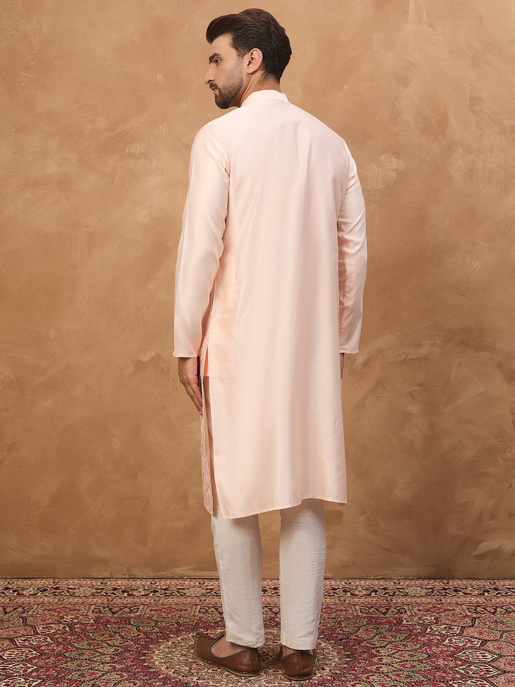 Men Peach Silk Blend Solid Embroidered Straight Kurta-MKU1431