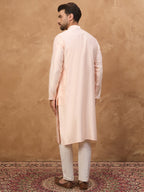 Men Peach Silk Blend Solid Embroidered Straight Kurta-MKU1431