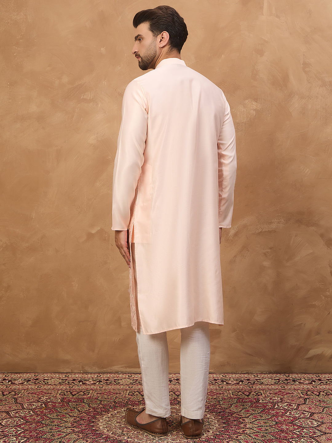 Men Peach Silk Blend Solid Embroidered Straight Kurta-MKU1431