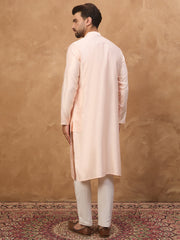 Men Peach Silk Blend Solid Embroidered Straight Kurta-MKU1431