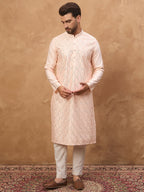 Men Peach Silk Blend Solid Embroidered Straight Kurta-MKU1431