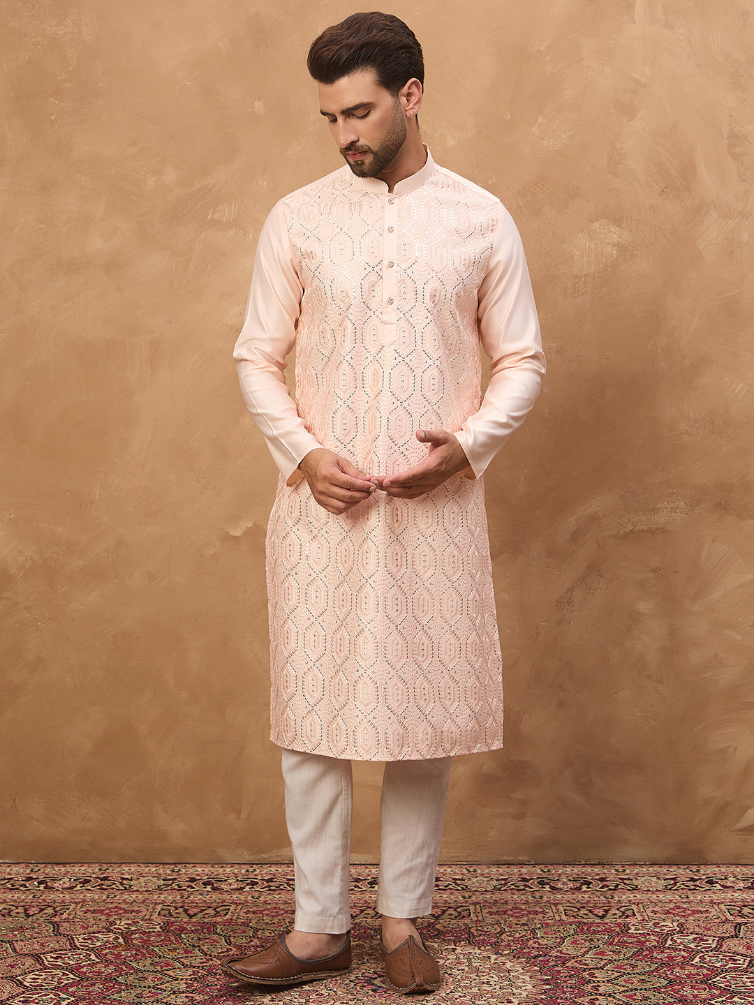 Men Peach Silk Blend Solid Embroidered Straight Kurta-MKU1431
