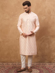 Men Peach Silk Blend Solid Embroidered Straight Kurta-MKU1431
