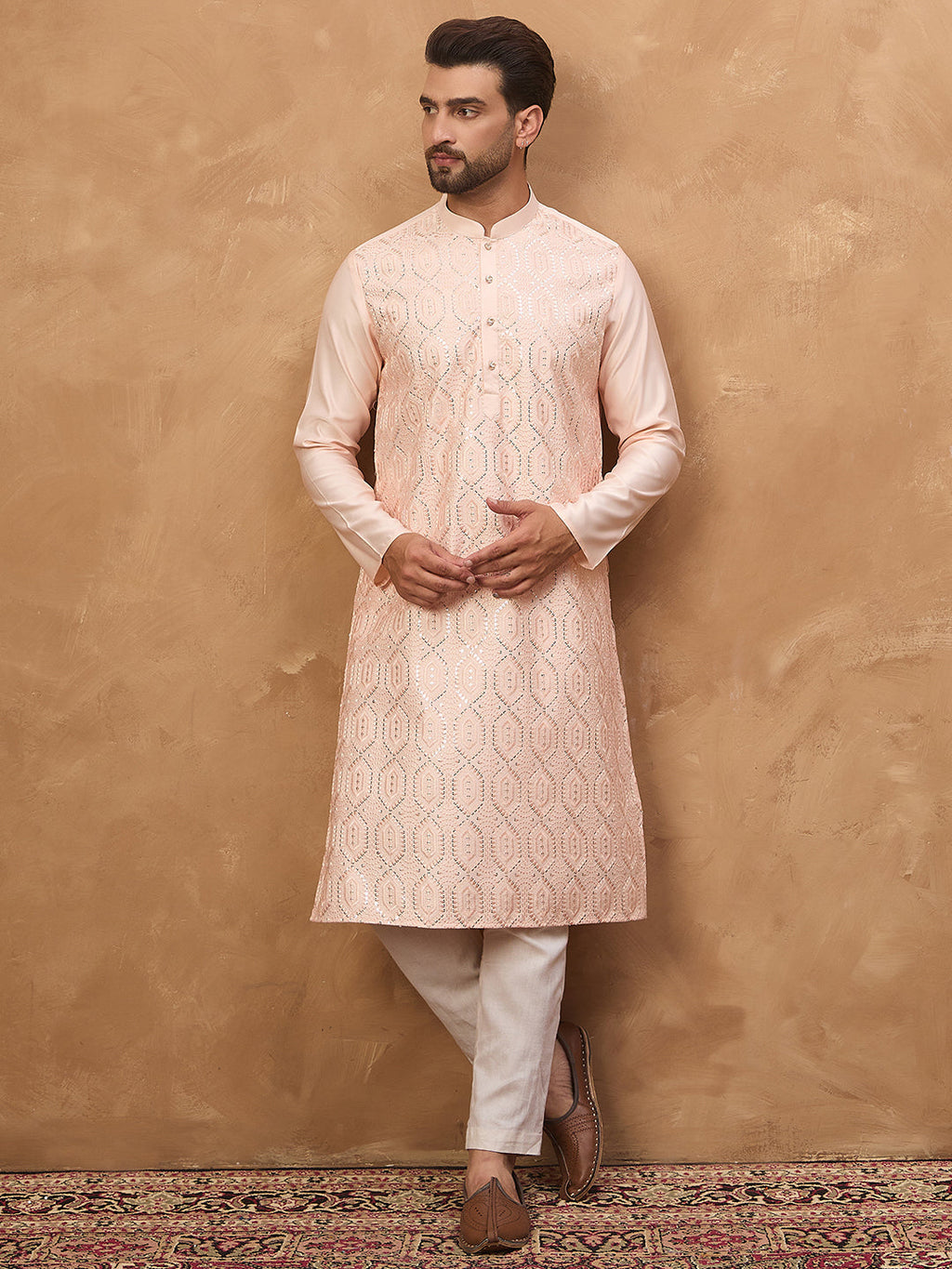 Men Peach Silk Blend Solid Embroidered Straight Kurta-MKU1431