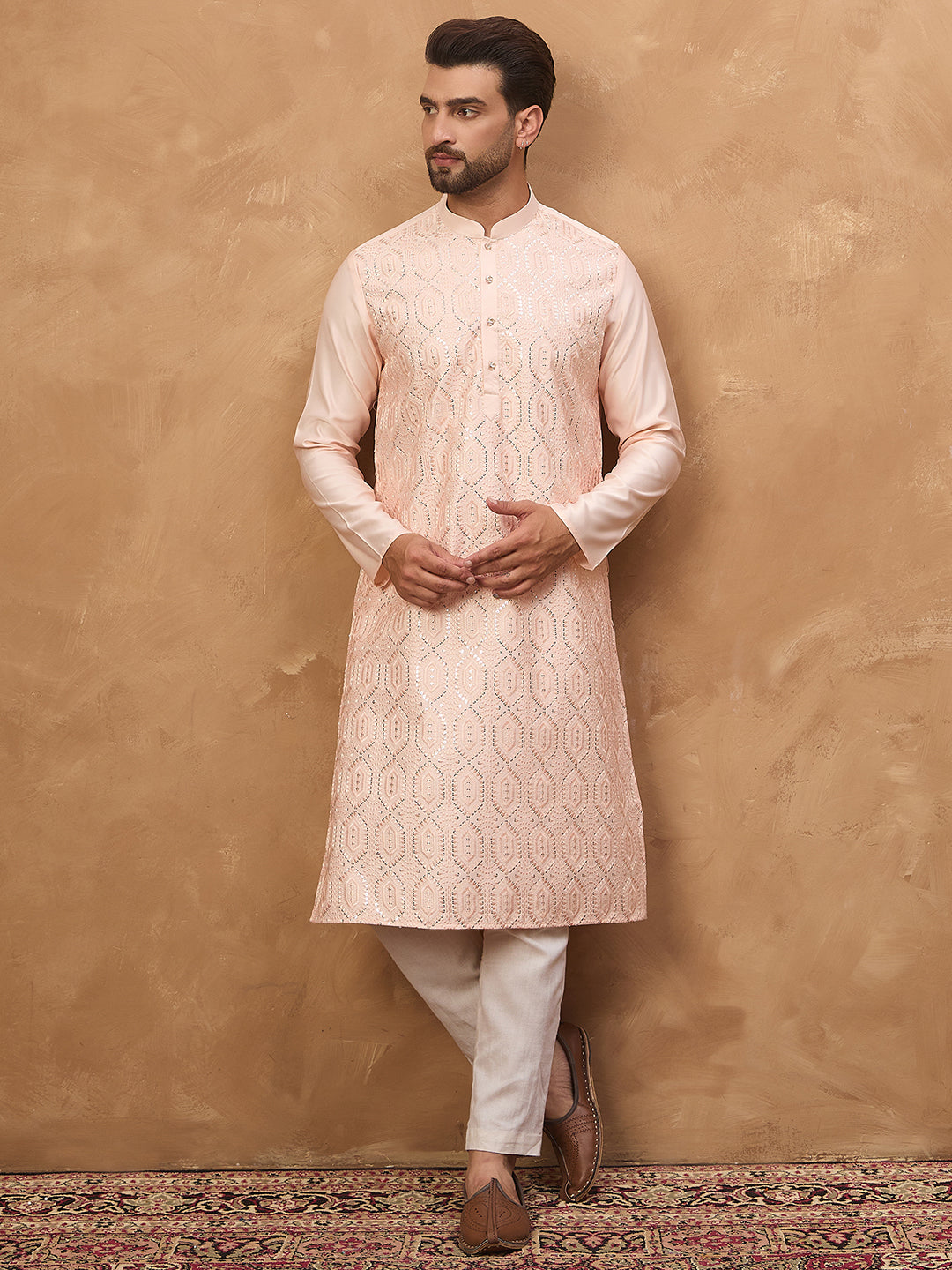 Men Peach Silk Blend Solid Embroidered Straight Kurta-MKU1431