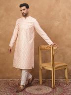 Men Peach Silk Blend Solid Embroidered Straight Kurta-MKU1431