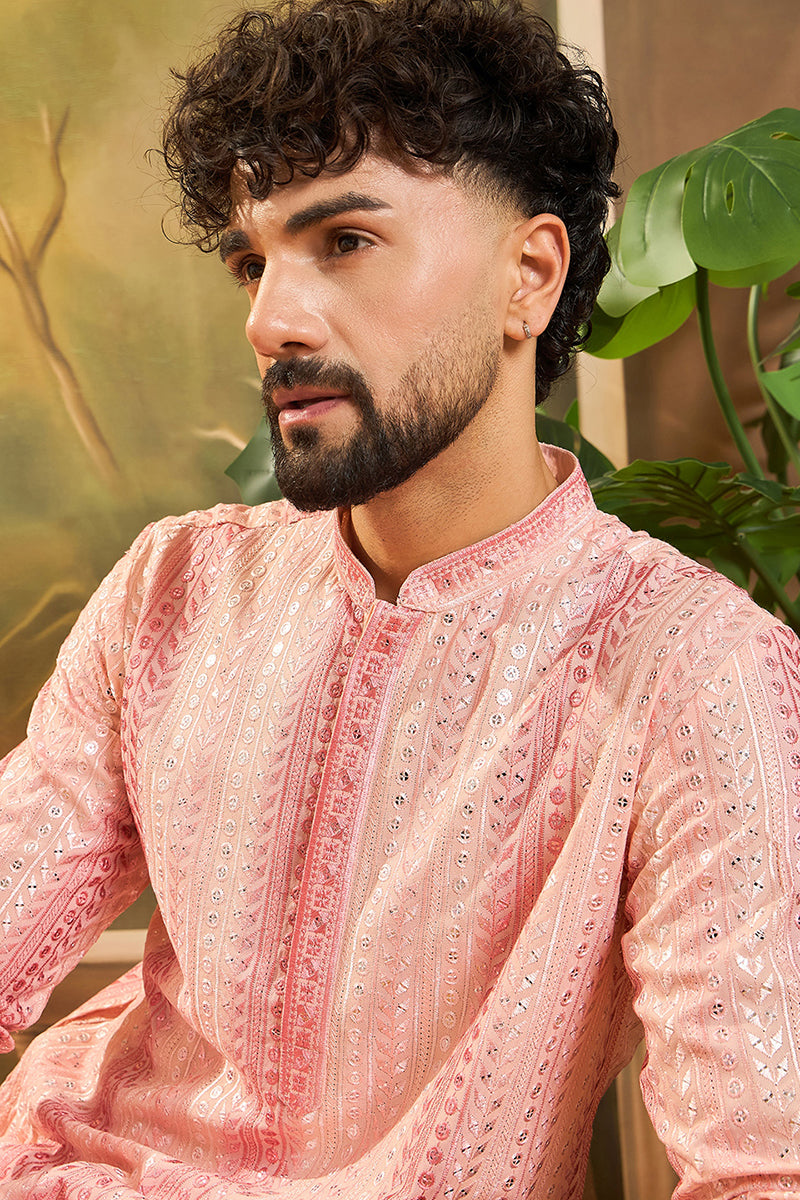 Peach Viscose Rayon Solid Embroidered Straight Kurta MKU1432