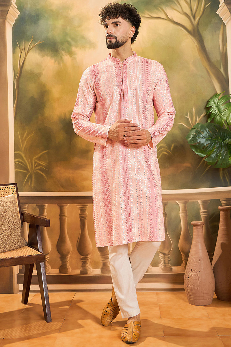 Peach Viscose Rayon Solid Embroidered Straight Kurta MKU1432