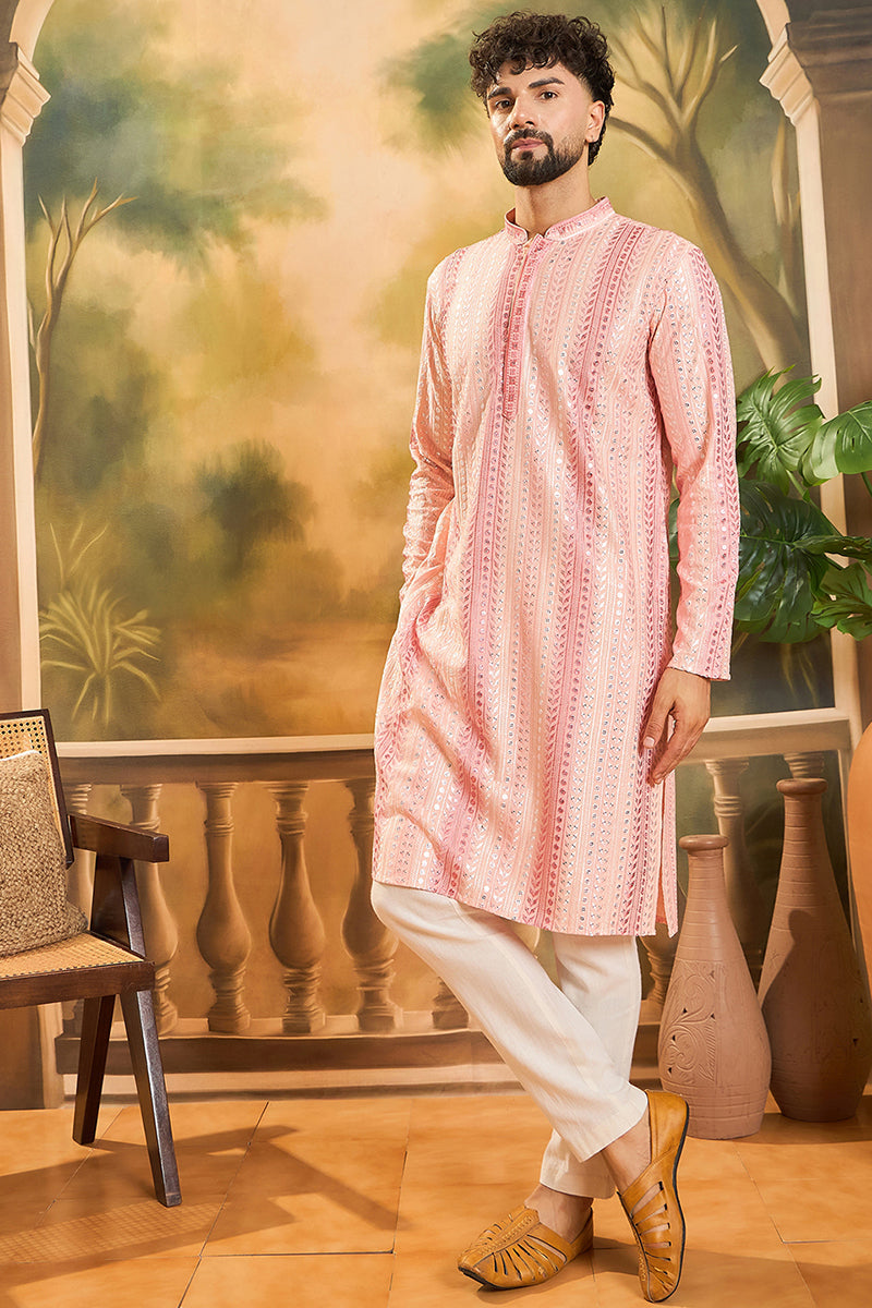 Peach Viscose Rayon Solid Embroidered Straight Kurta MKU1432