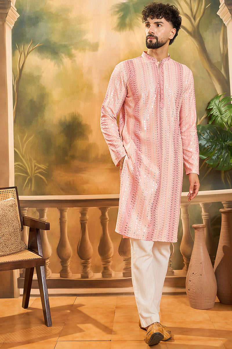 Peach Viscose Rayon Solid Embroidered Straight Kurta MKU1432