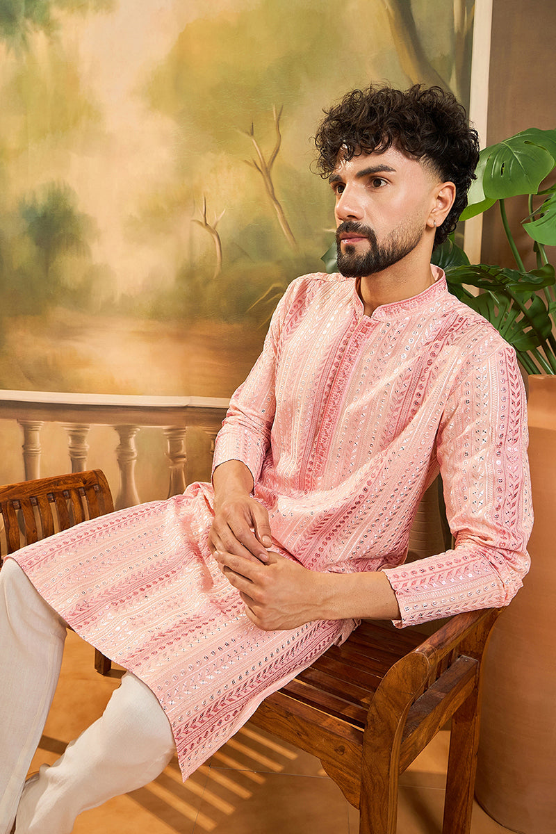 Peach Viscose Rayon Solid Embroidered Straight Kurta MKU1432