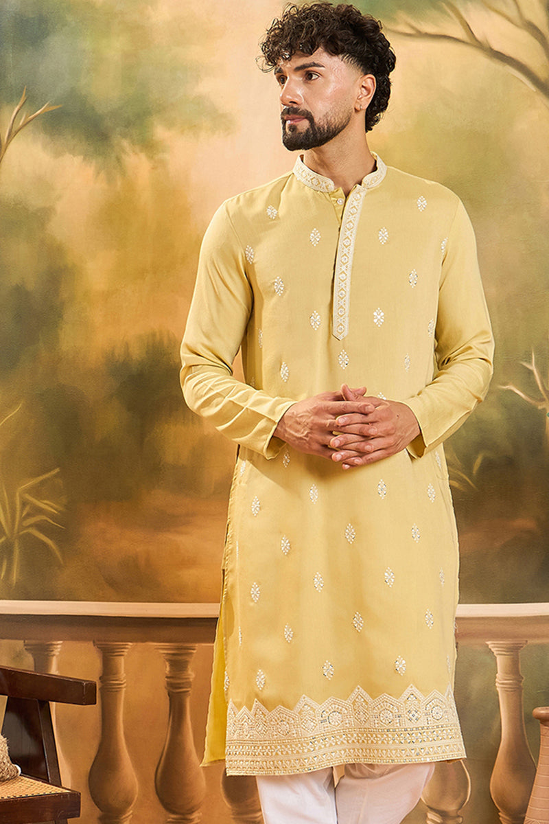 Yellow Silk Solid Embroidered Straight Kurta MKU1434