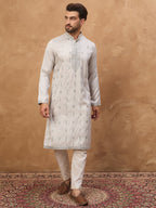 Men Grey Silk Blend Solid Embroidered Straight Kurta-MKU1438
