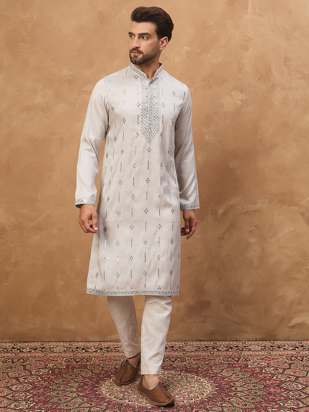 Men Grey Silk Blend Solid Embroidered Straight Kurta-MKU1438
