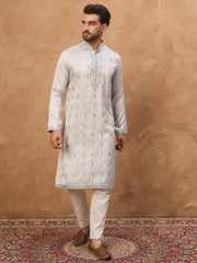 Men Grey Silk Blend Solid Embroidered Straight Kurta-MKU1438