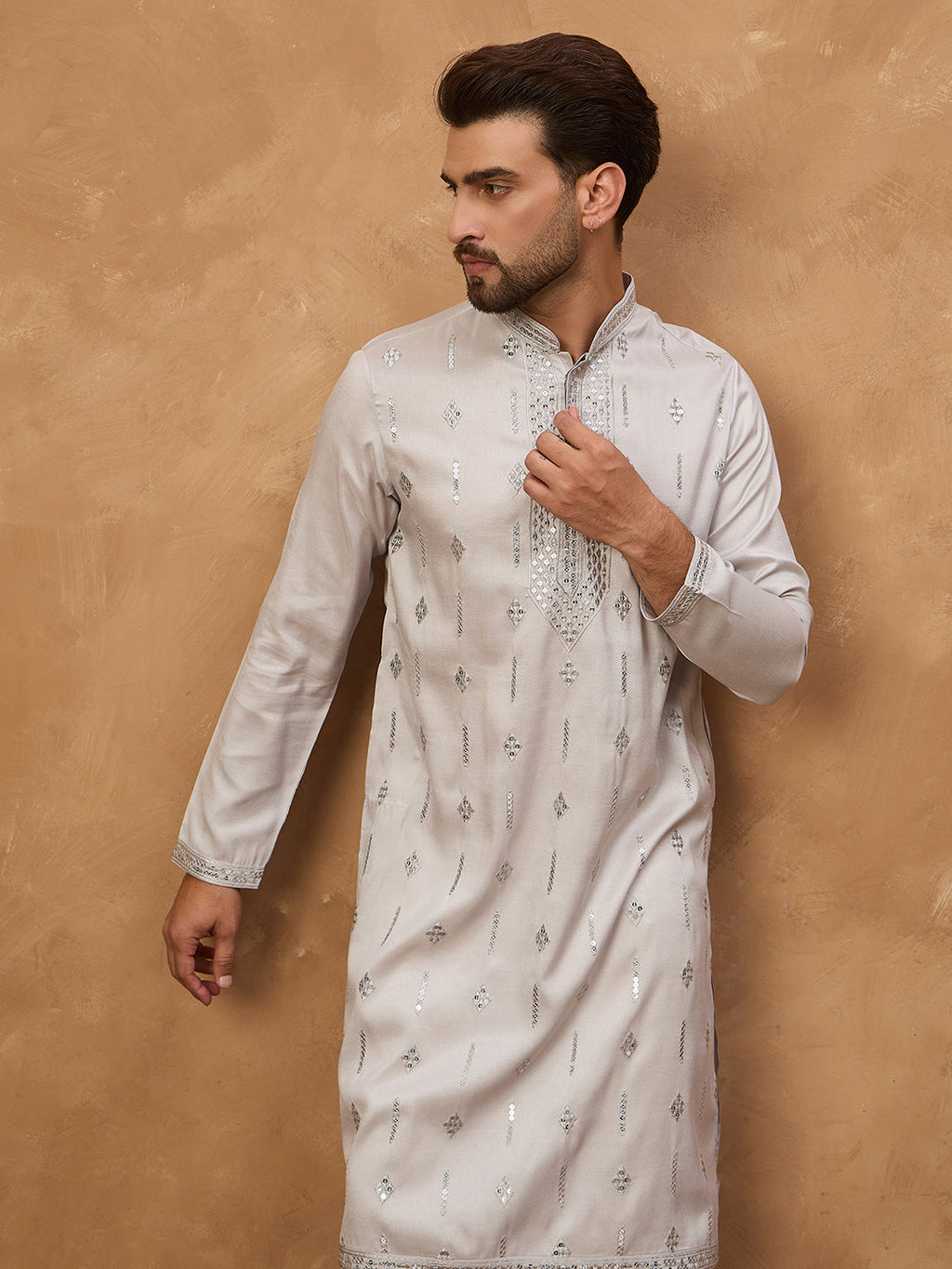 Men Grey Silk Blend Solid Embroidered Straight Kurta-MKU1438
