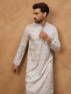 Men Grey Silk Blend Solid Embroidered Straight Kurta-MKU1438
