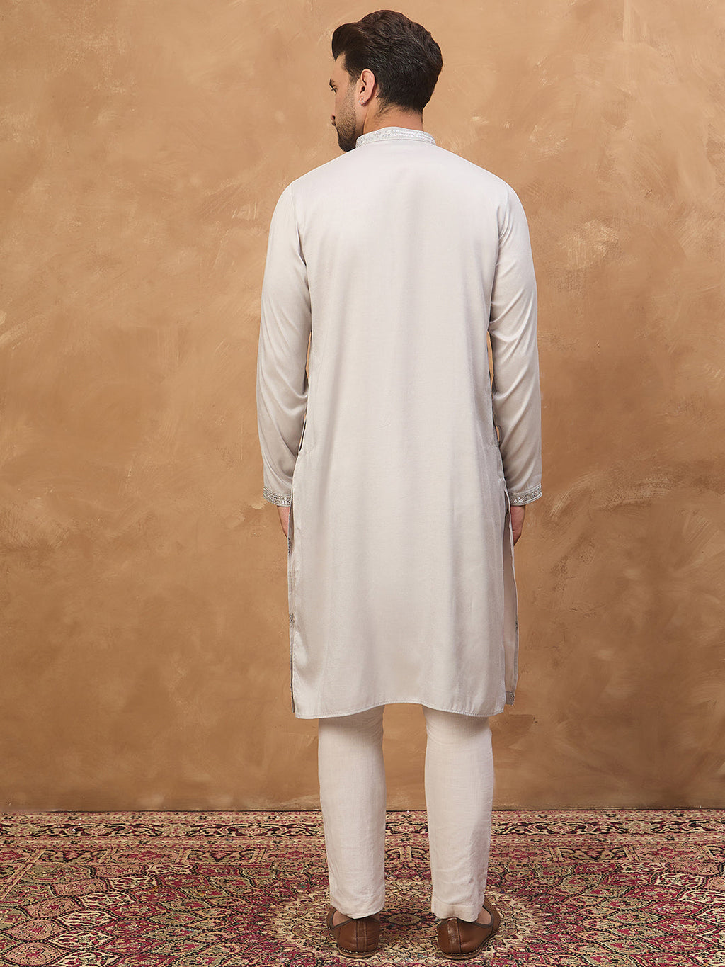 Men Grey Silk Blend Solid Embroidered Straight Kurta-MKU1438
