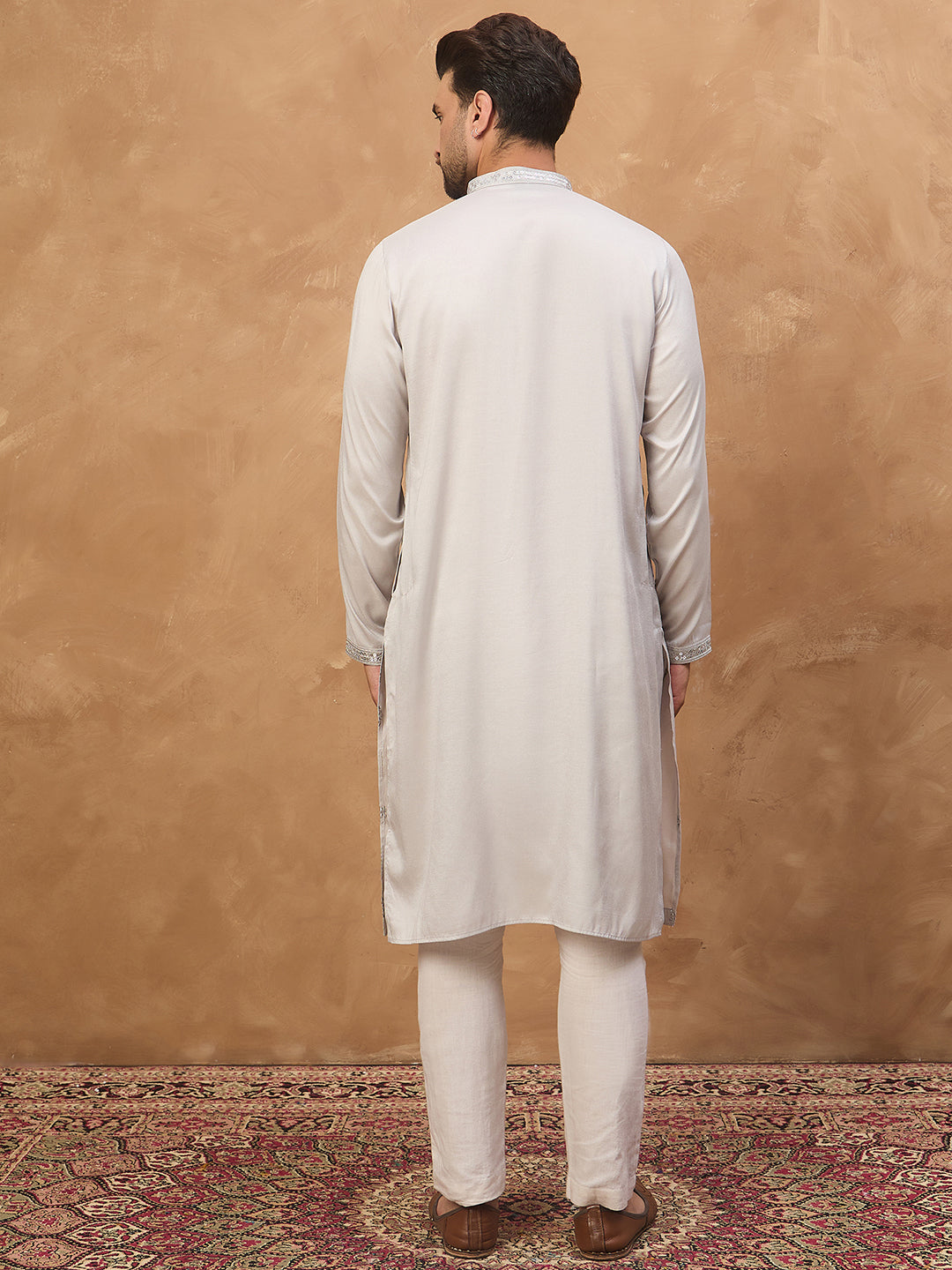 Men Grey Silk Blend Solid Embroidered Straight Kurta-MKU1438