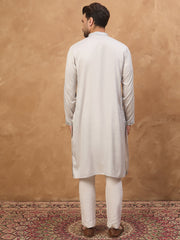 Men Grey Silk Blend Solid Embroidered Straight Kurta-MKU1438