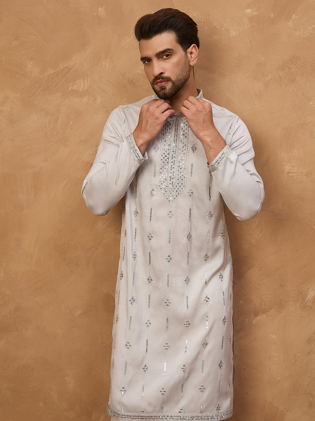 Men Grey Silk Blend Solid Embroidered Straight Kurta-MKU1438