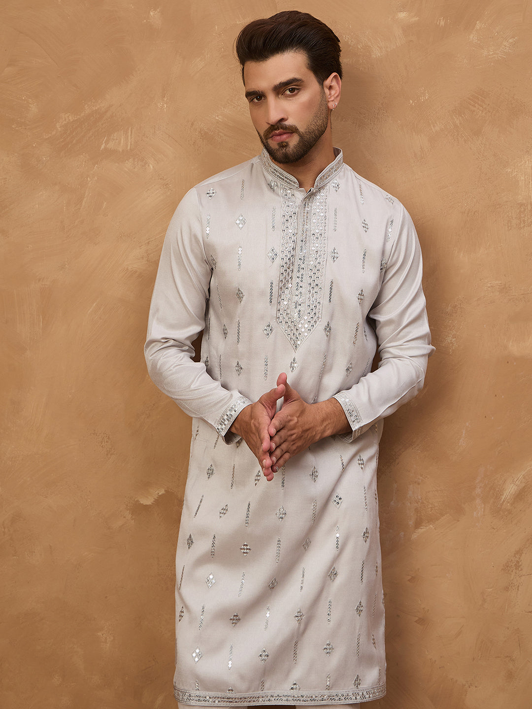 Men Grey Silk Blend Solid Embroidered Straight Kurta-MKU1438
