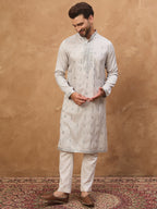 Men Grey Silk Blend Solid Embroidered Straight Kurta-MKU1438