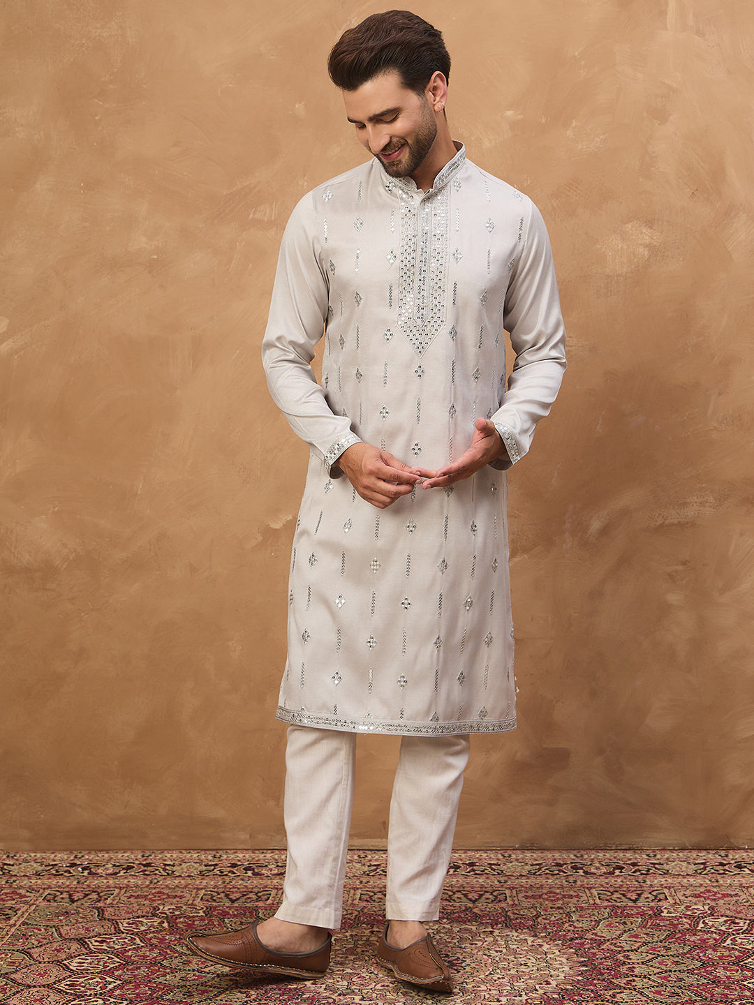 Men Grey Silk Blend Solid Embroidered Straight Kurta-MKU1438