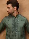 Men Green Silk Blend Solid Embroidered Straight Kurta-MKU1439