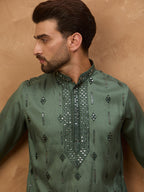 Men Green Silk Blend Solid Embroidered Straight Kurta-MKU1439