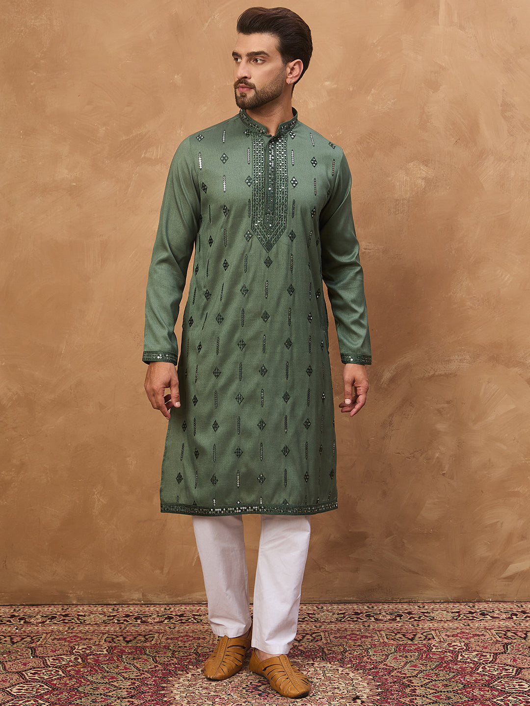 Men Green Silk Blend Solid Embroidered Straight Kurta-MKU1439