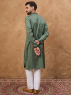 Men Green Silk Blend Solid Embroidered Straight Kurta-MKU1439