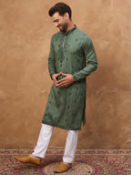 Men Green Silk Blend Solid Embroidered Straight Kurta-MKU1439