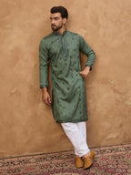 Men Green Silk Blend Solid Embroidered Straight Kurta-MKU1439