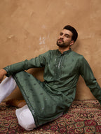 Men Green Silk Blend Solid Embroidered Straight Kurta-MKU1439