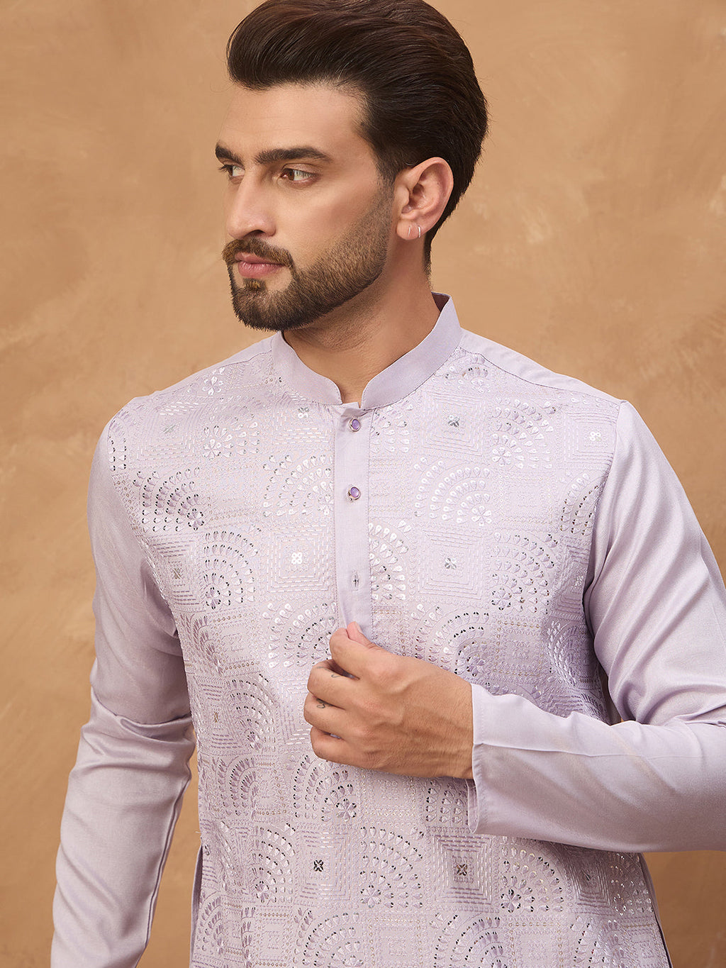 Men Lavender Silk Blend Solid Embroidered Straight Kurta-MKU1443