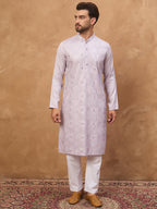 Men Lavender Silk Blend Solid Embroidered Straight Kurta-MKU1443