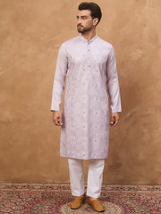 Men Lavender Silk Blend Solid Embroidered Straight Kurta-MKU1443