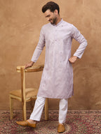 Men Lavender Silk Blend Solid Embroidered Straight Kurta-MKU1443