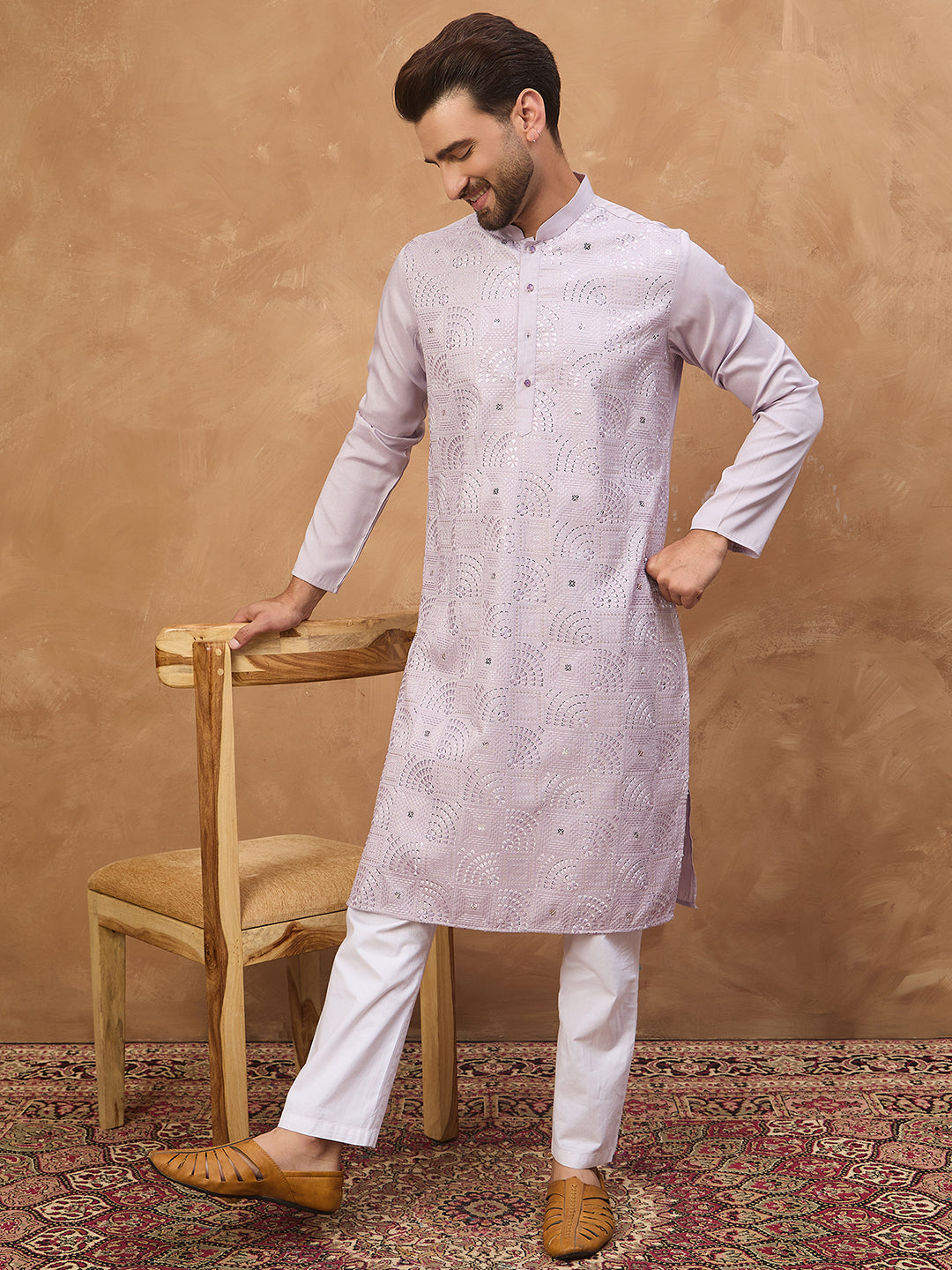 Men Lavender Silk Blend Solid Embroidered Straight Kurta-MKU1443
