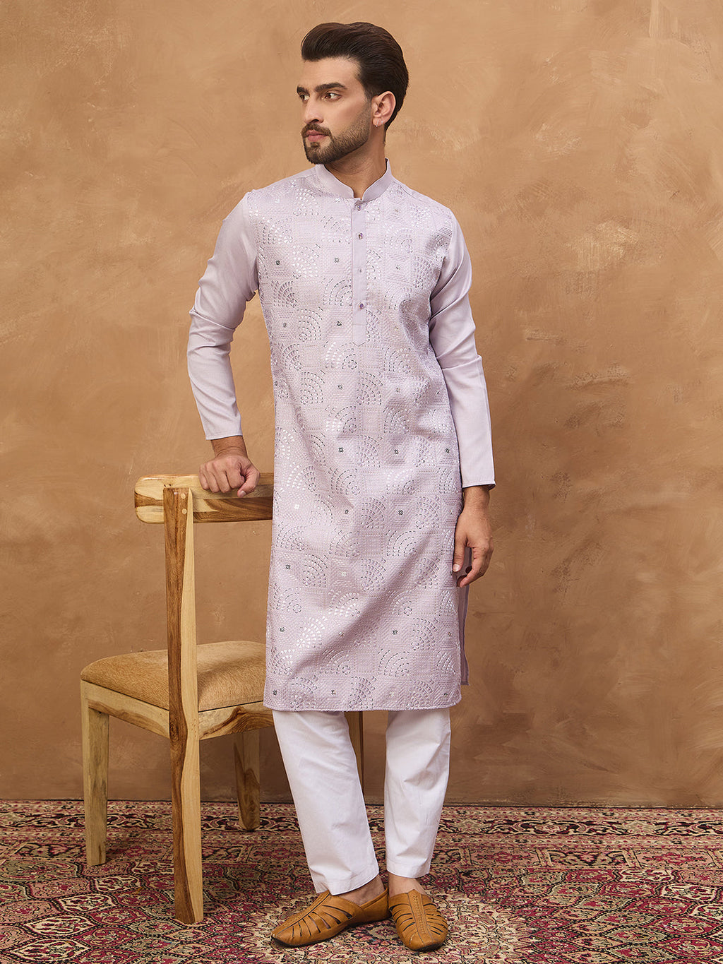 Men Lavender Silk Blend Solid Embroidered Straight Kurta-MKU1443