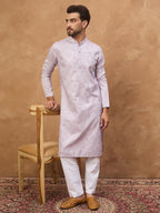 Men Lavender Silk Blend Solid Embroidered Straight Kurta-MKU1443