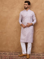 Men Lavender Silk Blend Solid Embroidered Straight Kurta-MKU1443