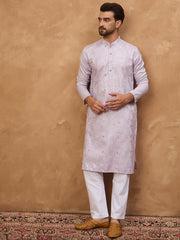 Men Lavender Silk Blend Solid Embroidered Straight Kurta-MKU1443