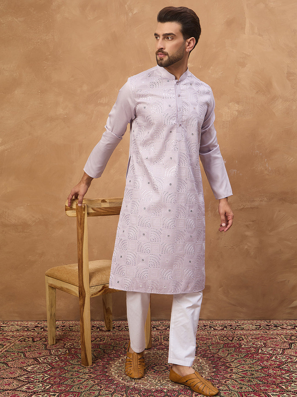 Men Lavender Silk Blend Solid Embroidered Straight Kurta-MKU1443