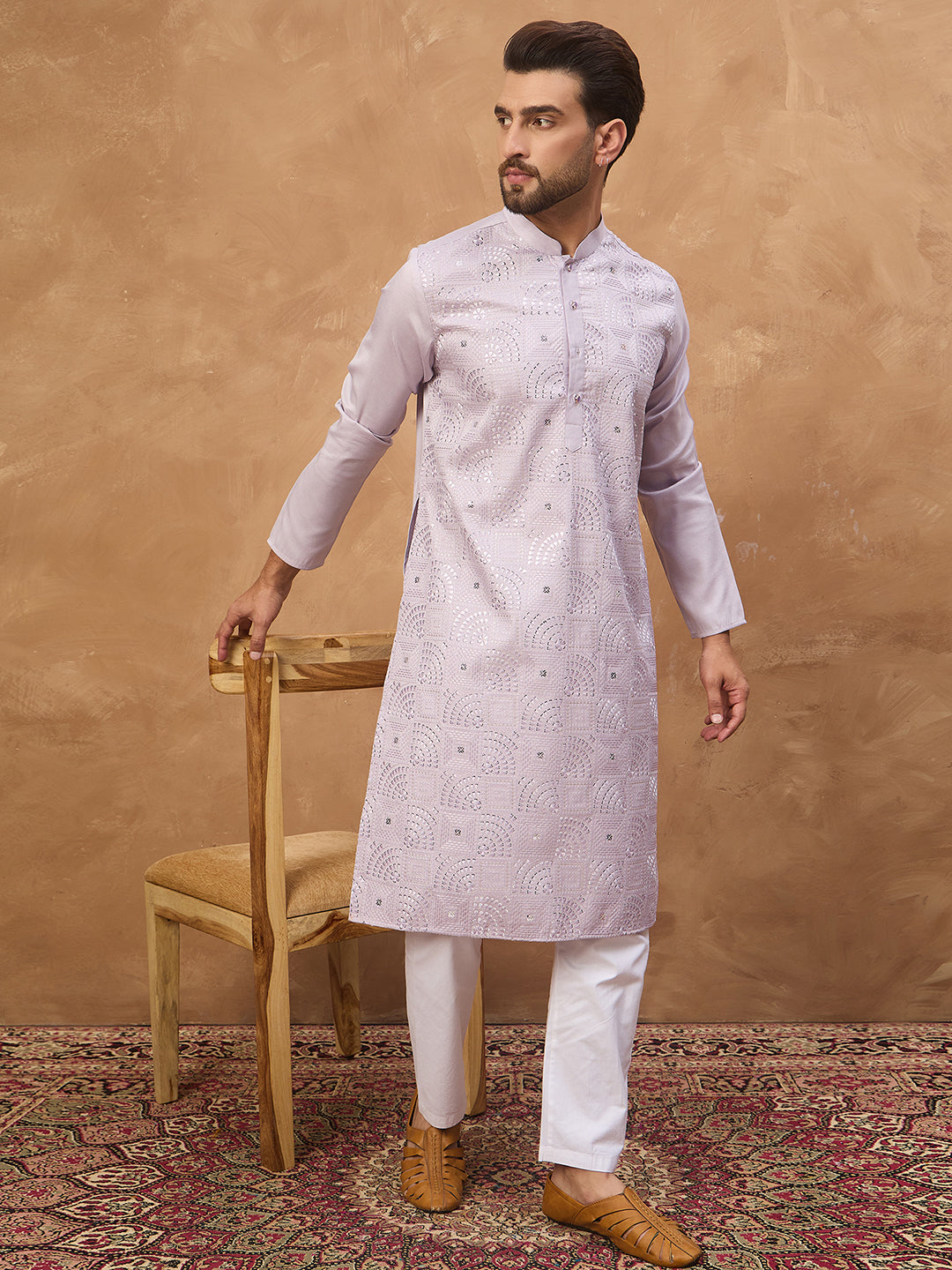 Men Lavender Silk Blend Solid Embroidered Straight Kurta-MKU1443