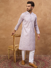 Men Lavender Silk Blend Solid Embroidered Straight Kurta-MKU1443